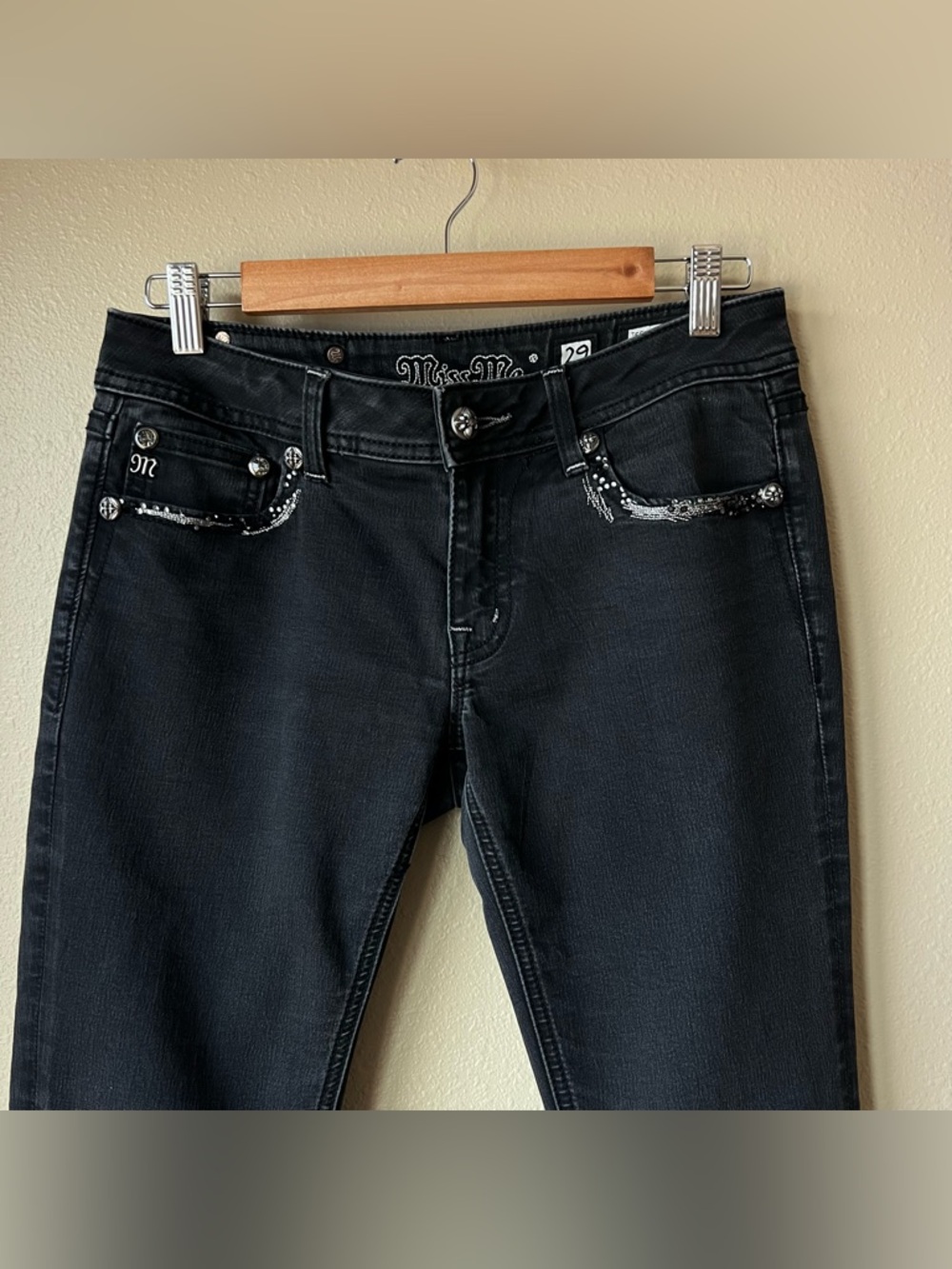 Miss Me Skinny Bling Jeans Women’s 29 Low Rise Faded Black Stretch 30” Inseam - Picture 4 of 14